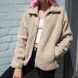 Brandy Melville John Galt Oversized Brown Teddy Jacket Zip Up Small / Medium